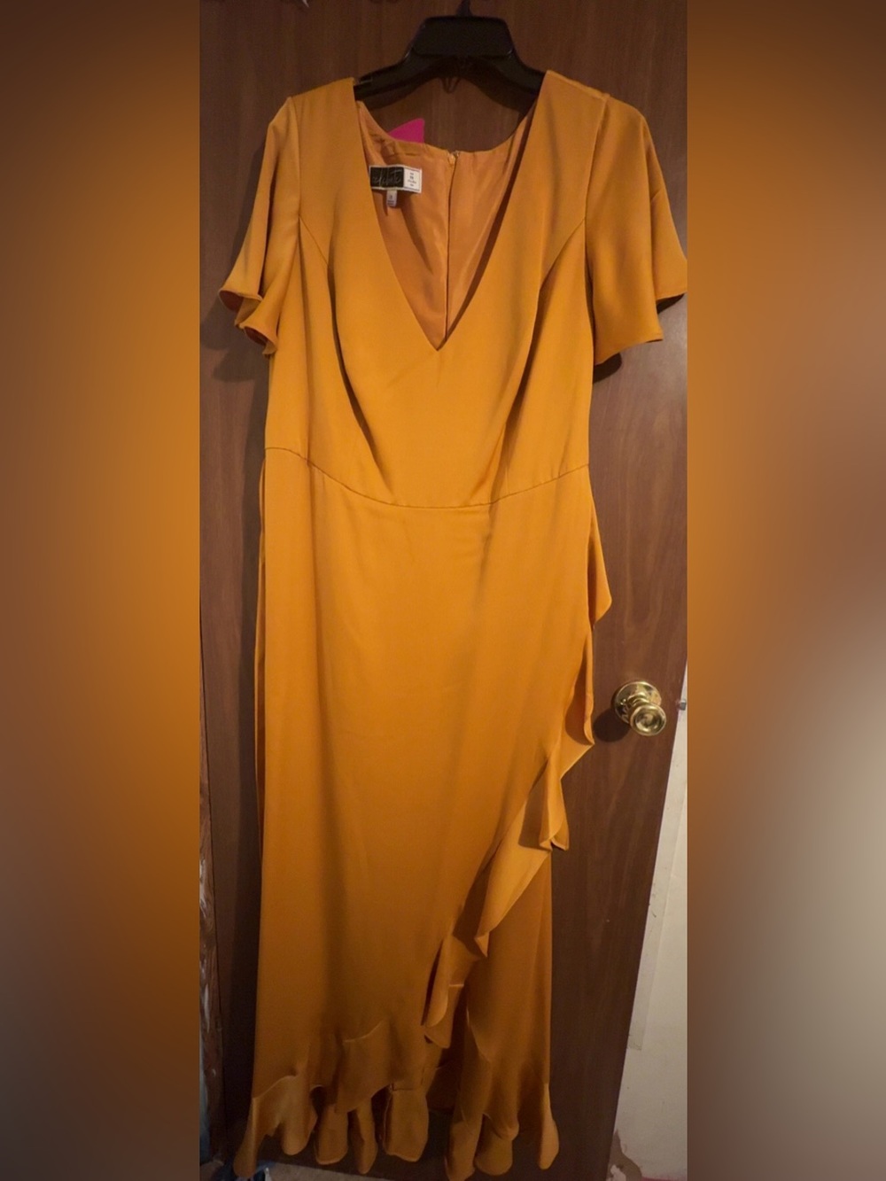David’s Bridal Mustard Yellow V-Neck Ruffle Dress
